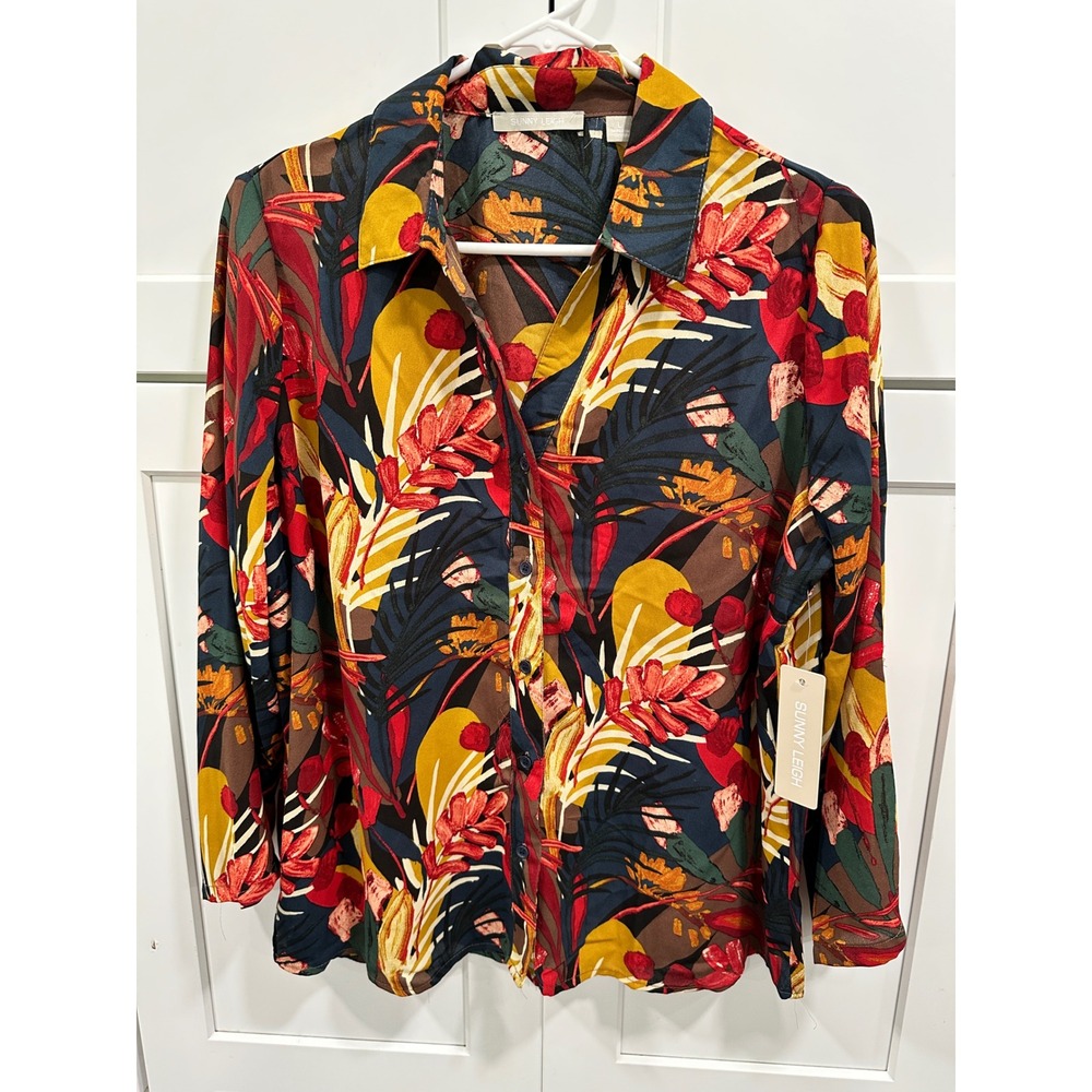 Sunny Leigh Floral Print Blouse Long Sleeve Button Down Top Size L